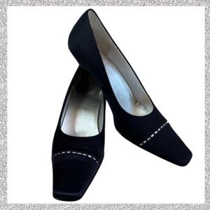 Elegant Pumps Vintage 90s Y2K Rhinestone Pointed Square Heel Black Silver Size 8